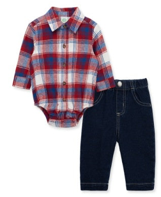 Baby outfit with plaid shirt and pants on a white background