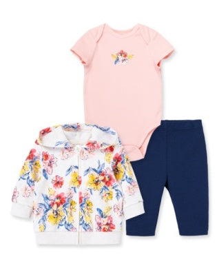 Baby outfit set with floral jacket, pink bodysuit, and navy pants on a white background