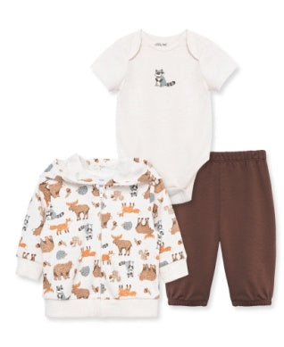 Baby outfit set with white hoodie, brown pants, and white onesie with animal pattern on a white background