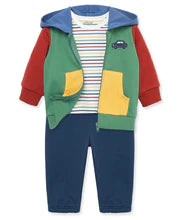 Children's outfit with colorful jacket, striped shirt, and pants on a white background