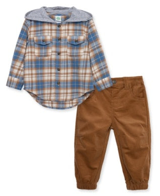 Children's plaid shirt and brown pants set on a white background
