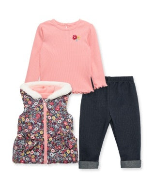 Children's outfit set with pink long-sleeve shirt, floral patterned jacket, and black pants on a white background.