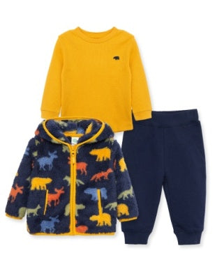Children's outfit with yellow long-sleeve shirt, navy fleece jacket with animal prints, and navy pants on a white background.