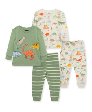 Set of children's pajamas with dinosaur patterns on a white background