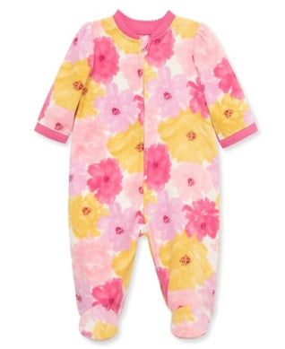 Floral-patterned baby onesie with pink and yellow flowers on a white background