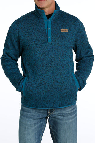 Blue fleece pullover with a brand logo on a white background