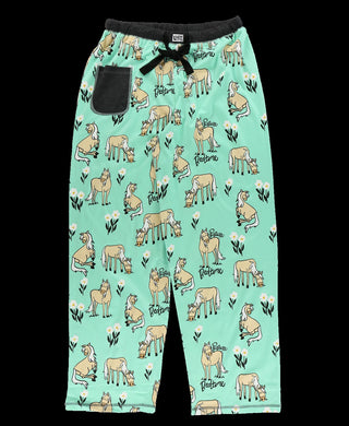 Children's pajama pants with deer pattern on a light blue background