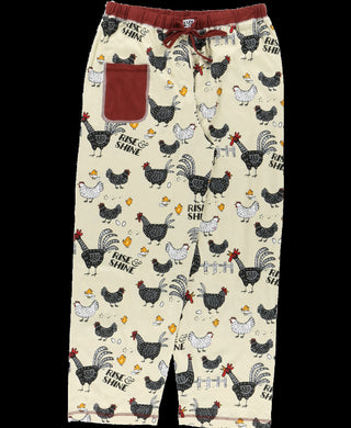 Pajama pants with chicken pattern on a beige background