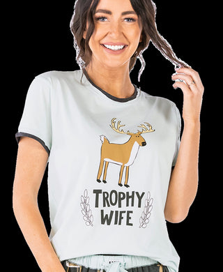 Woman wearing a t-shirt with a deer graphic and 'Trophy Wife' text on a white background