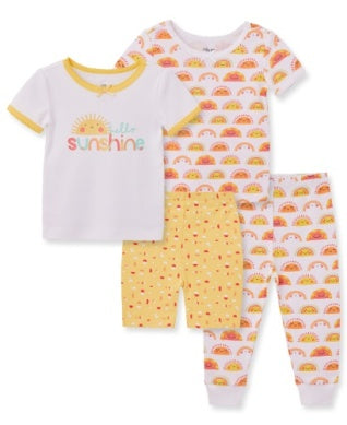 Children's pajama set with 'little sunshine' shirt and rainbow-patterned pants on a white background