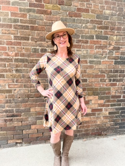3/4 Black/Khaki Sleeve Shift Dress Medium