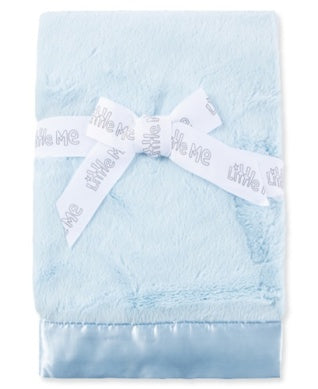 Light blue baby blanket with a white bow and text on a white background