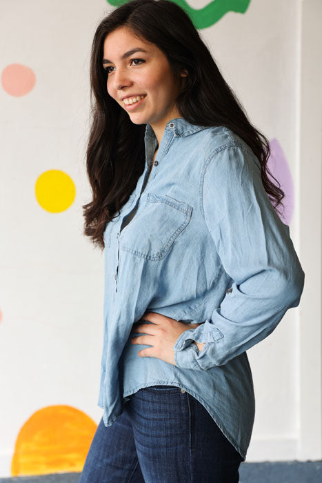 Long Sleeve Button Down Top In Denim