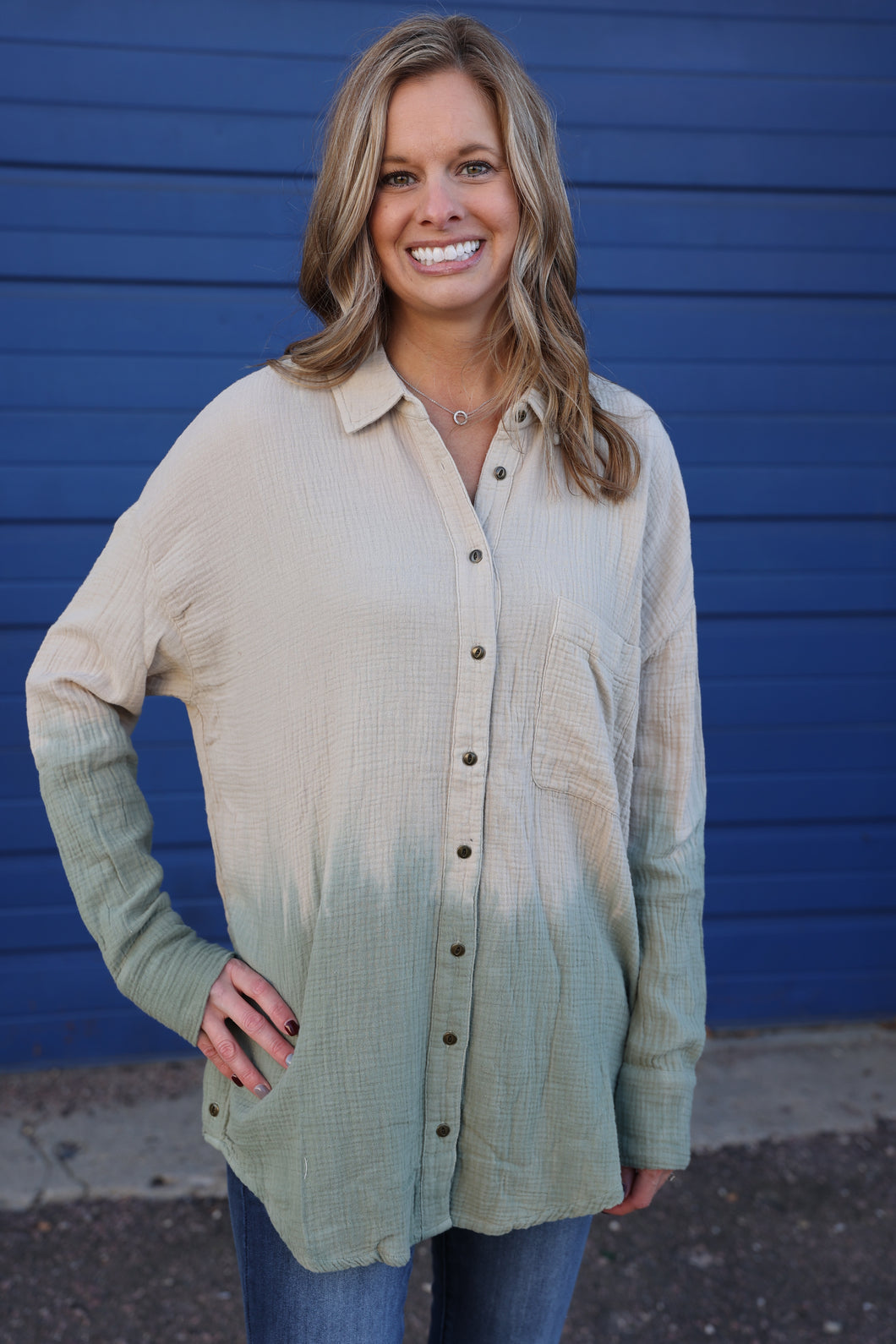 Button Up Blouse In Sage & Khaki