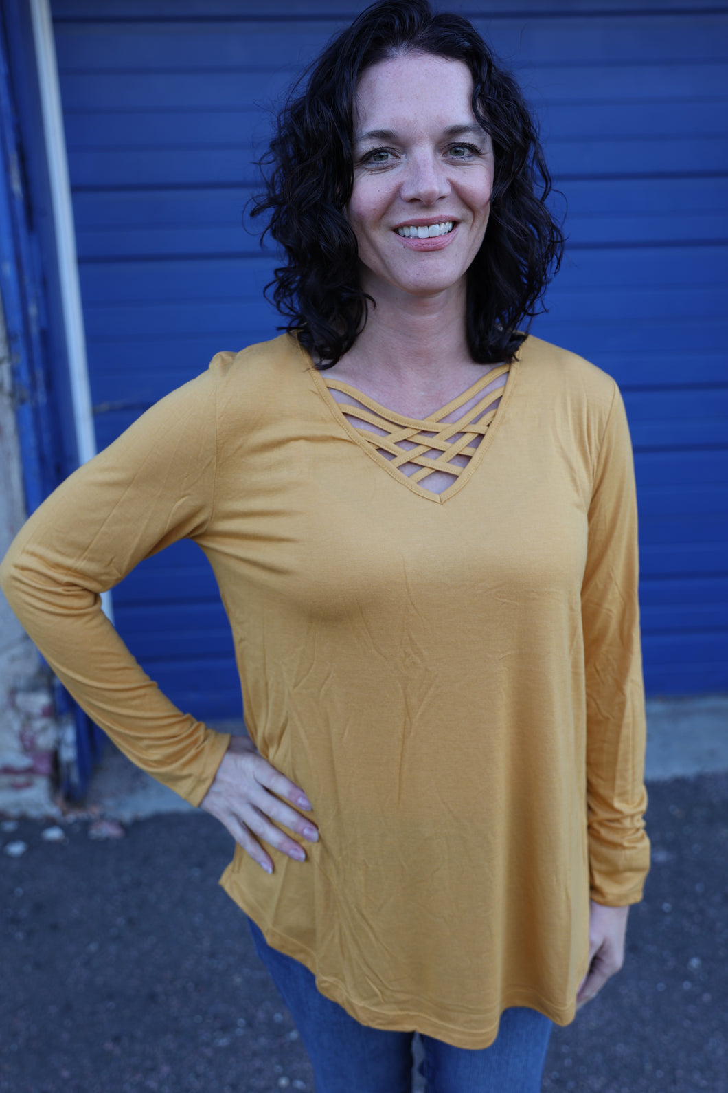 Long Sleeve Top With Criss Cross Neck In Mustard