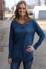 Load image into Gallery viewer, Long Sleeve Top With Criss-Cross Neck In Slate Blue
