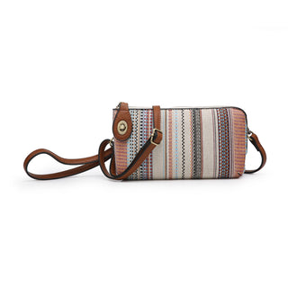 Patterned handbag with brown strap on a white background