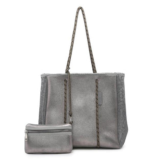 Silver tote bag with matching pouch on a white background