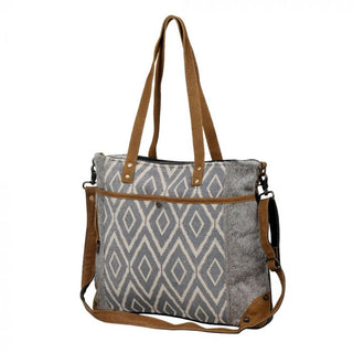 Gray tote bag with brown accents and geometric pattern on a white background