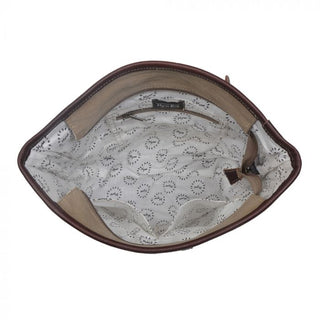 Multicolored striped bag with a gray base and brown straps on a white background
