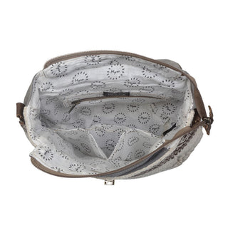 Gray and patterned fabric crossbody bag on a white background